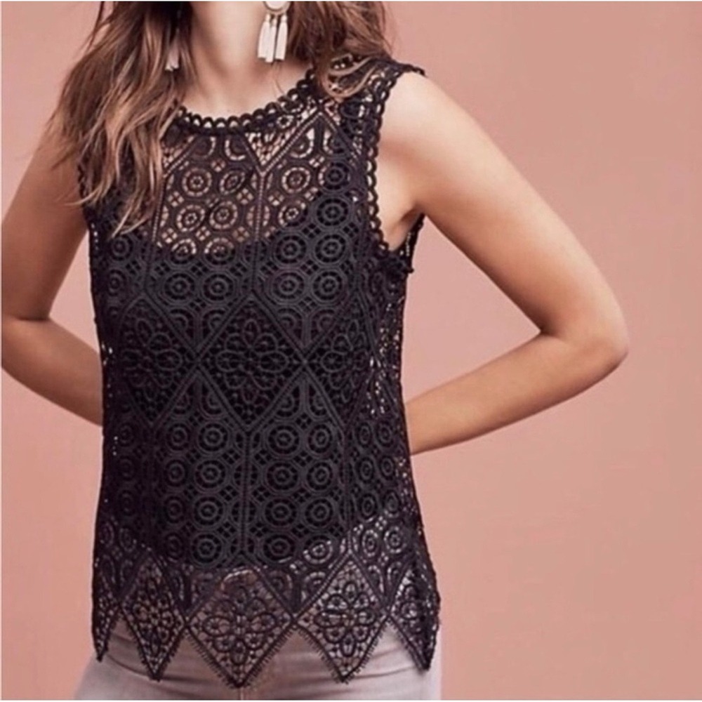 Anthropologie Deletta Black Crochet Lace Sleeveless Top Scalloped Size XS NWT